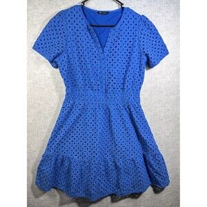 Prettygarden Blue Eyelet V-Neck A Line Swing Dress Short Sleeve Large Cottage